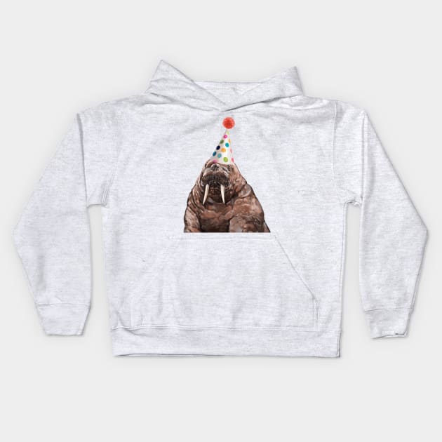 Moody Walrus with Party Hat Kids Hoodie by bignosework